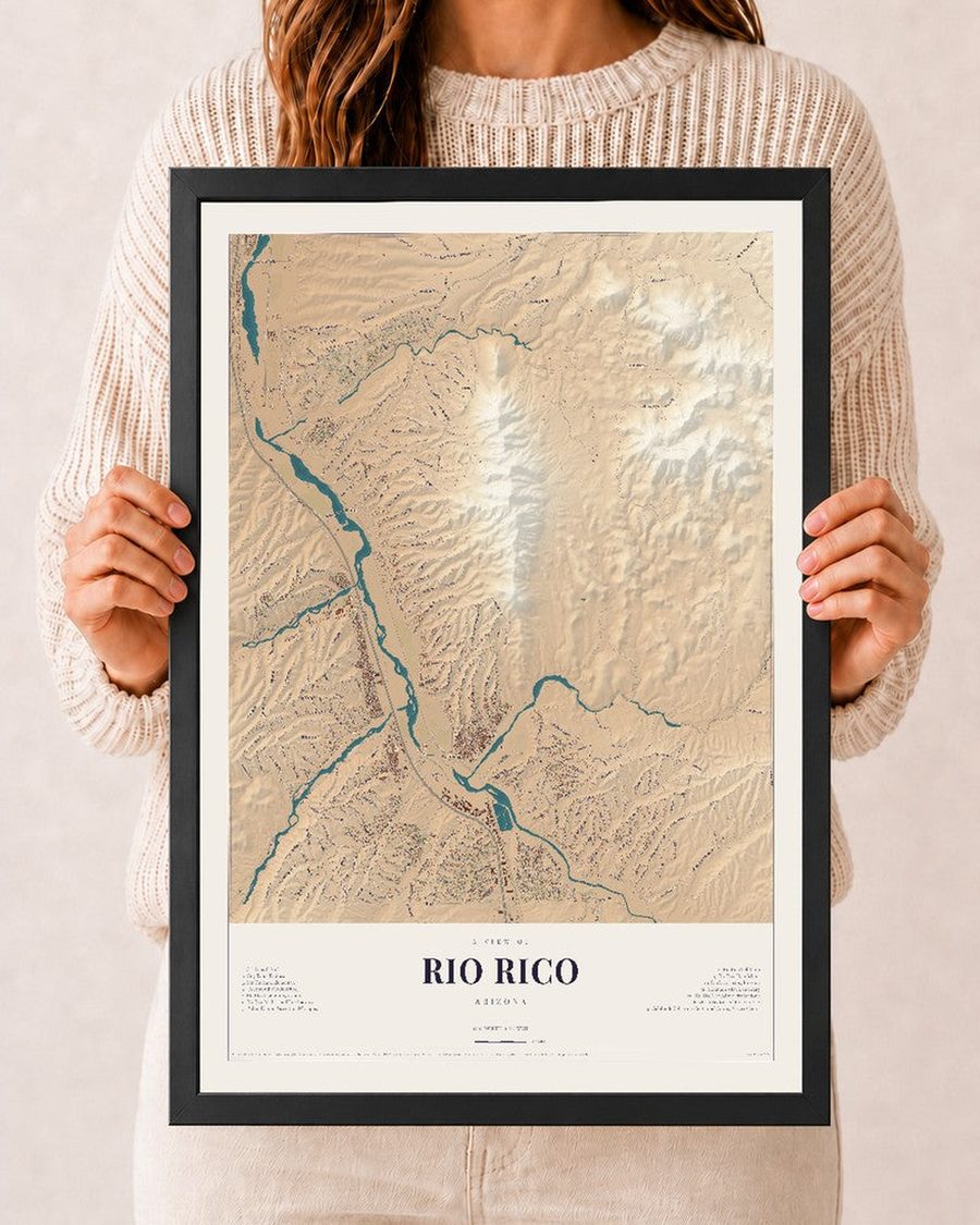 Rio Rico, Arizona map print, 12 x 18 in, black wood frame