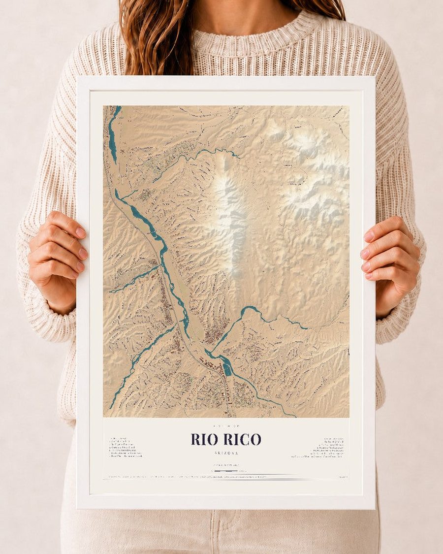 Rio Rico, Arizona map print, 12 x 18 in, white wood frame