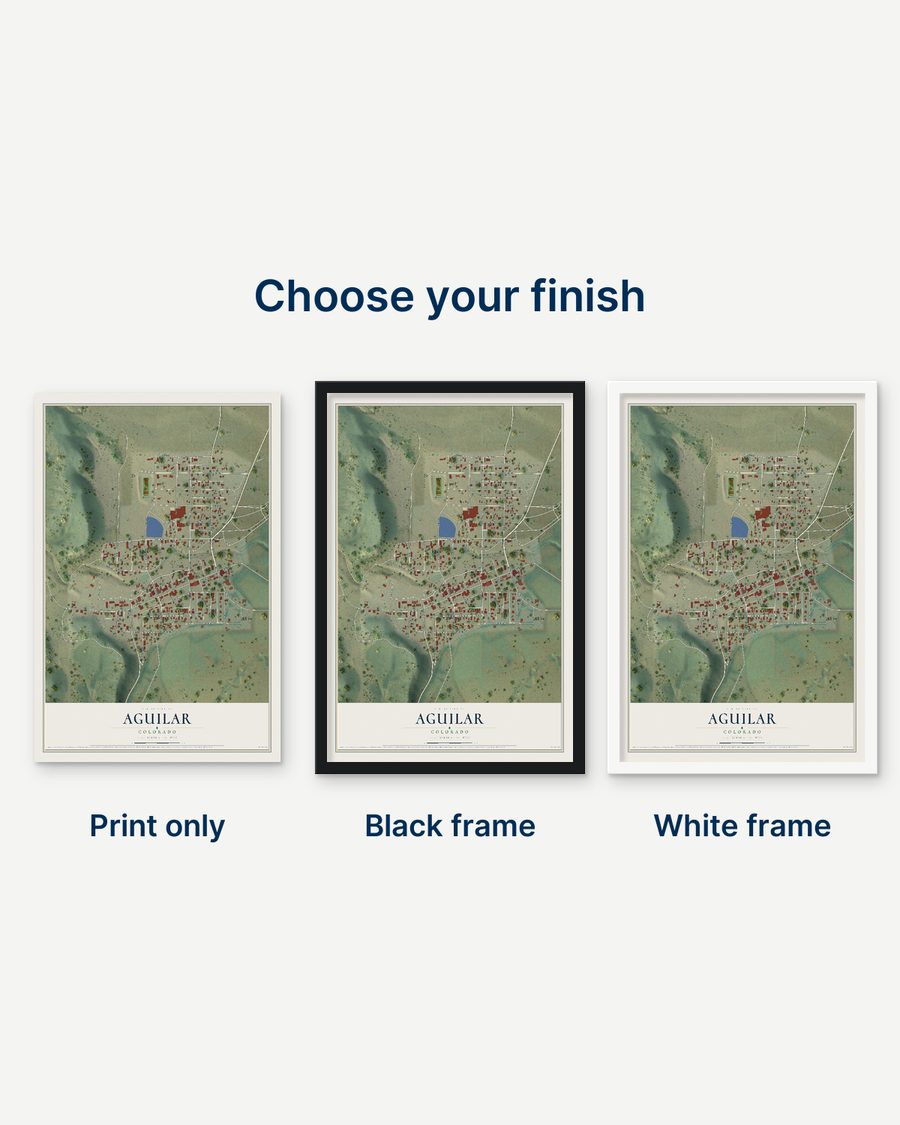 The Aguilar, Colorado map as a print only, in a black frame and in a white frame