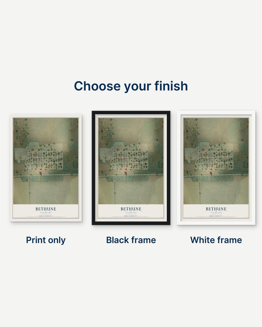 The Bethune, Colorado map as a print only, in a black frame and in a white frame