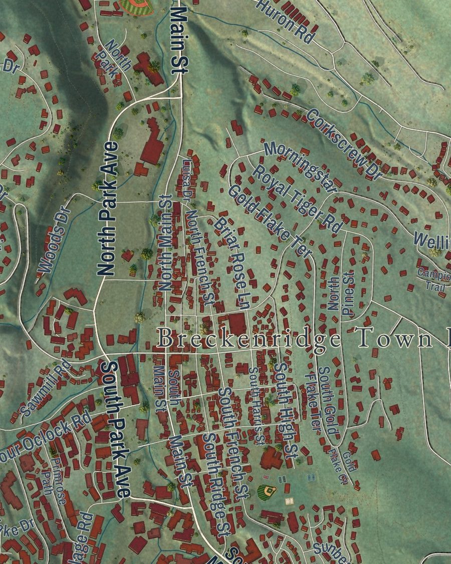 Close-up of Breckenridge streets on the map