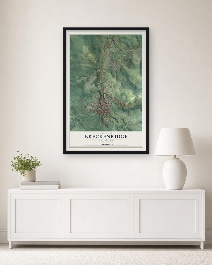 The Breckenridge, Colorado map, 24 x 36 in, in a black wood frame on a living room wall