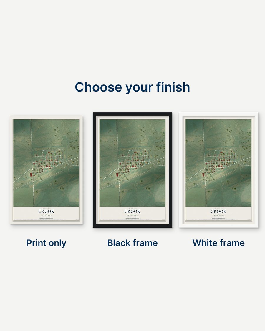 The Crook, Colorado map as a print only, in a black frame and in a white frame