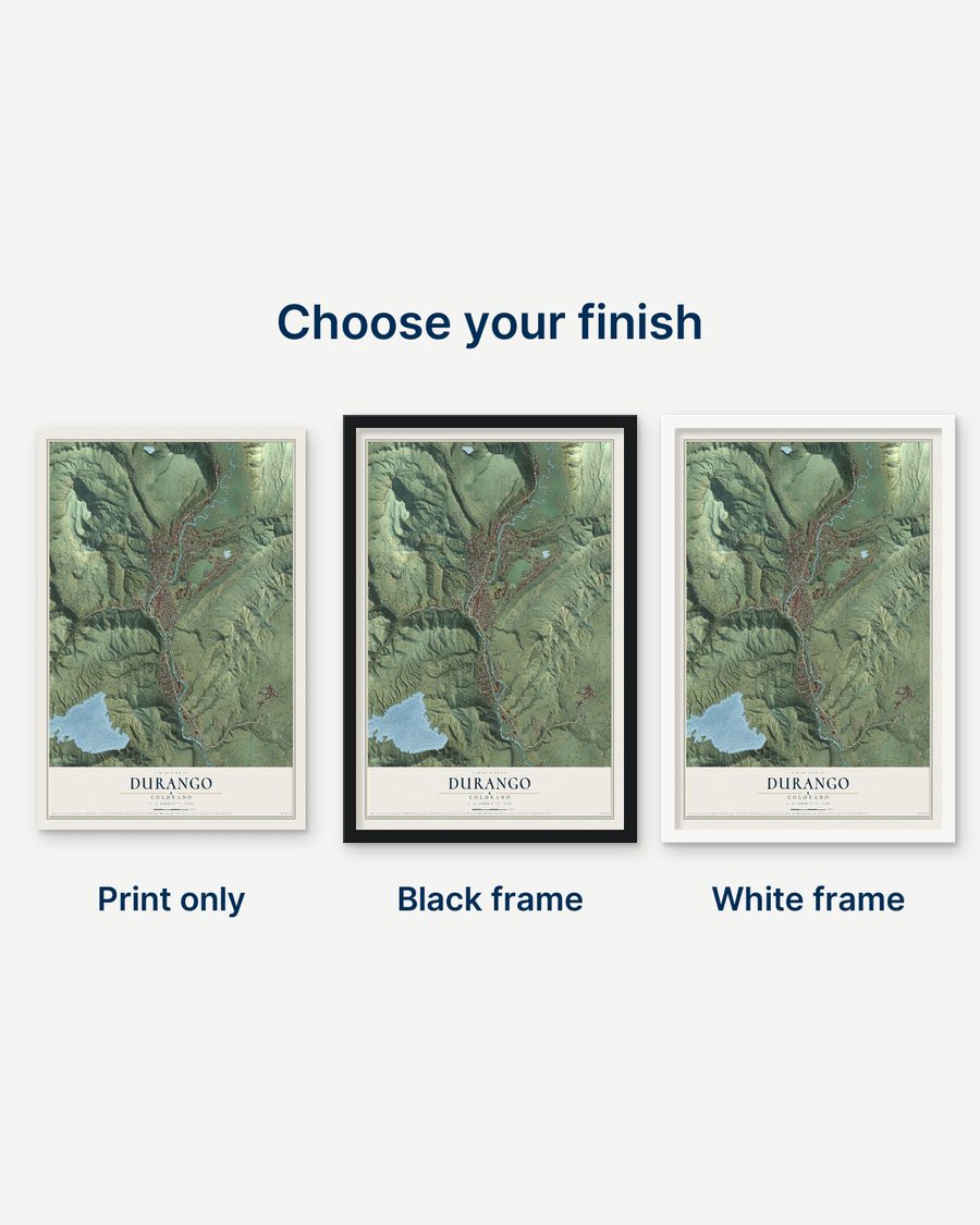 The Durango, Colorado map as a print only, in a black frame and in a white frame