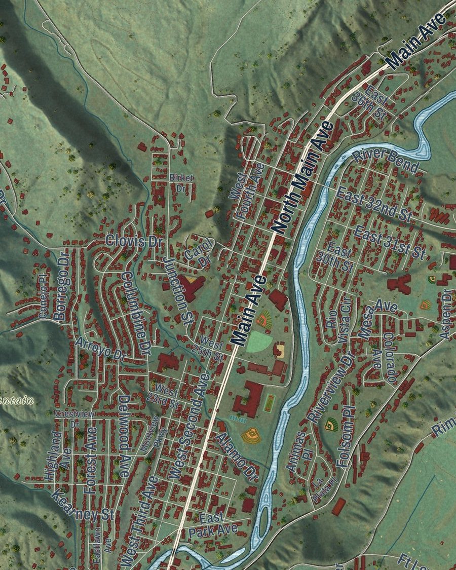 Close-up of Durango streets on the map