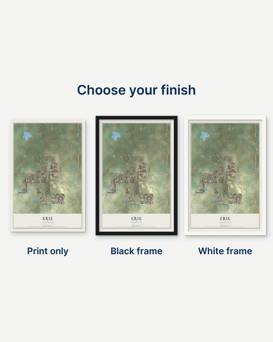 The Erie, Colorado map as a print only, in a black frame and in a white frame