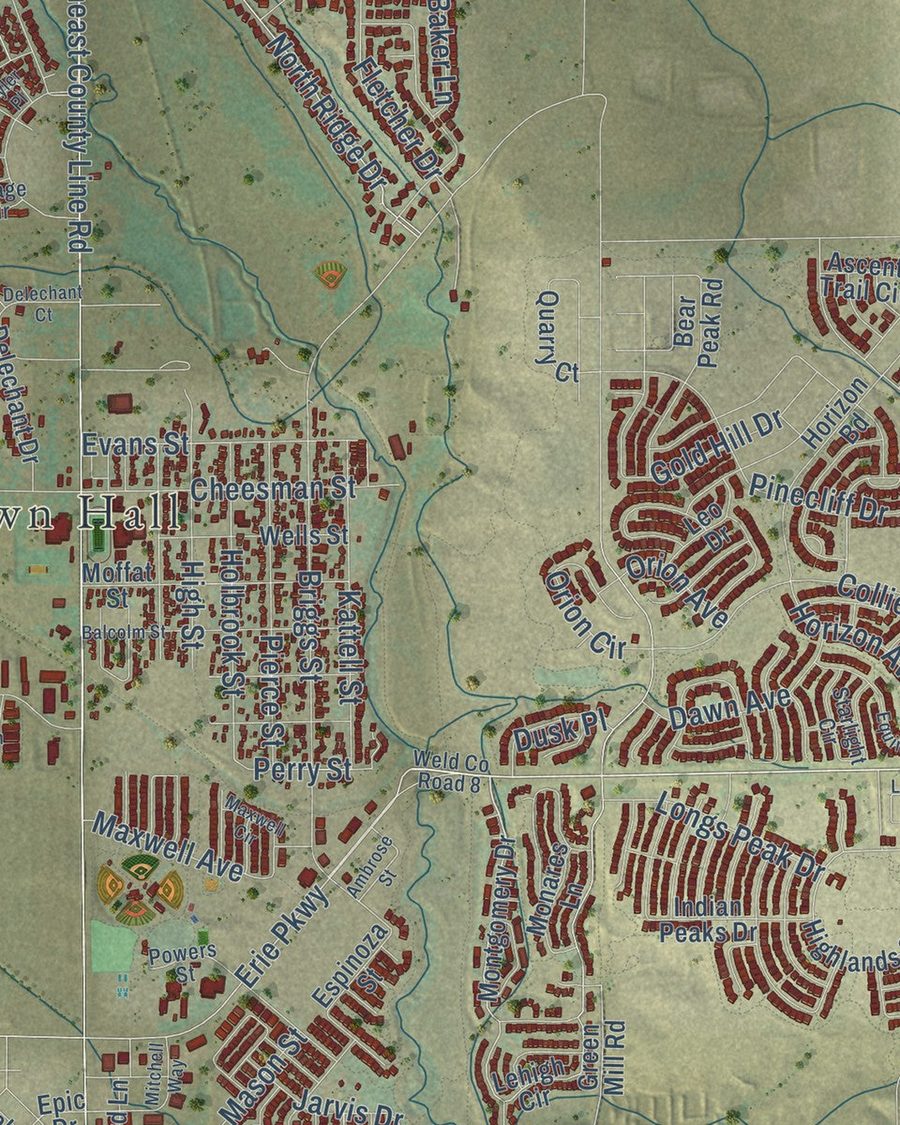 Close-up of Erie streets on the map