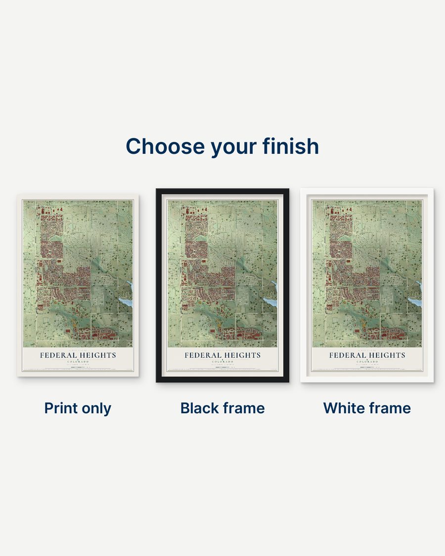 The Federal Heights, Colorado map as a print only, in a black frame and in a white frame