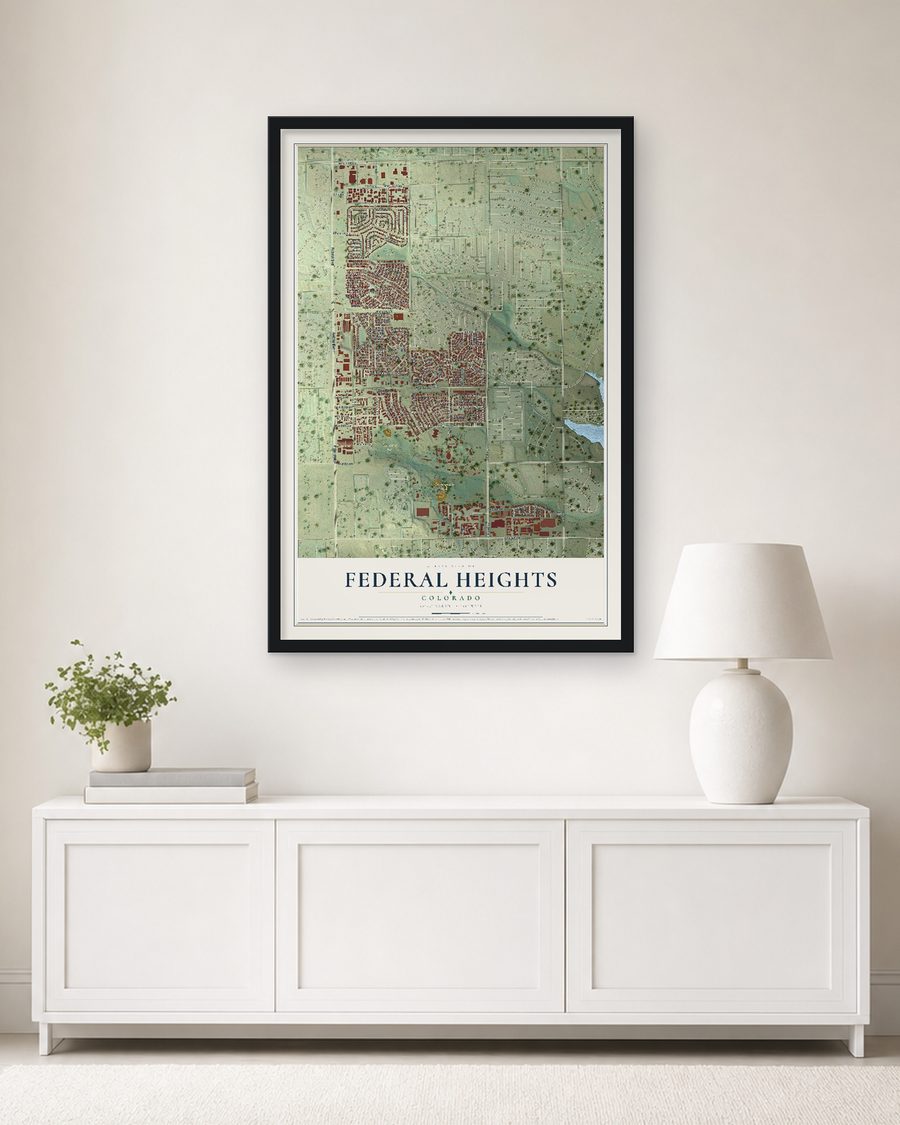 The Federal Heights, Colorado map, 24 x 36 in, in a black wood frame on a living room wall
