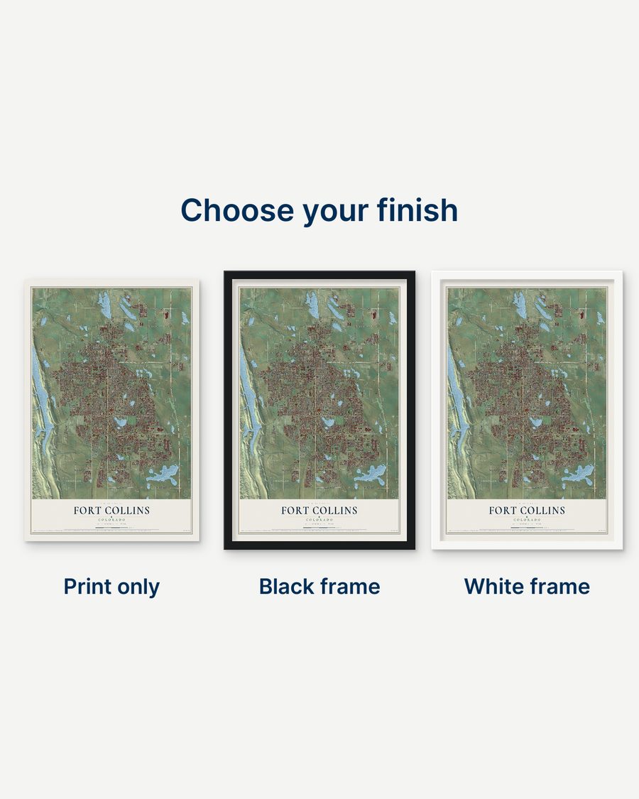 The Fort Collins, Colorado map as a print only, in a black frame and in a white frame