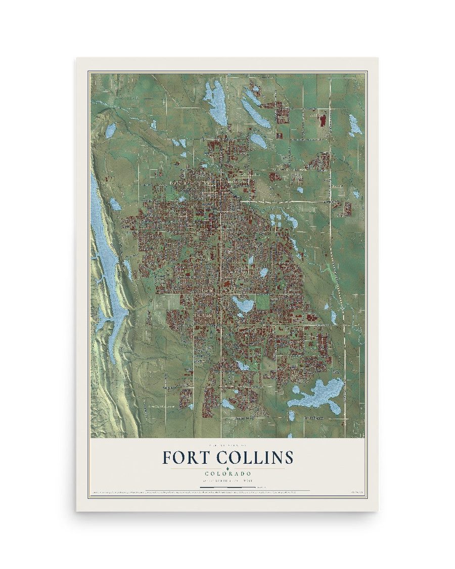 Fort Collins, Colorado map print, 12 x 18 in, print only