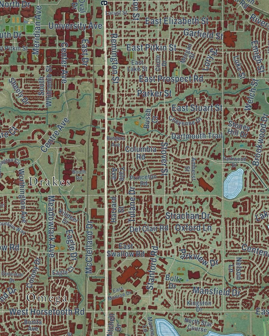 Close-up of Fort Collins streets on the map