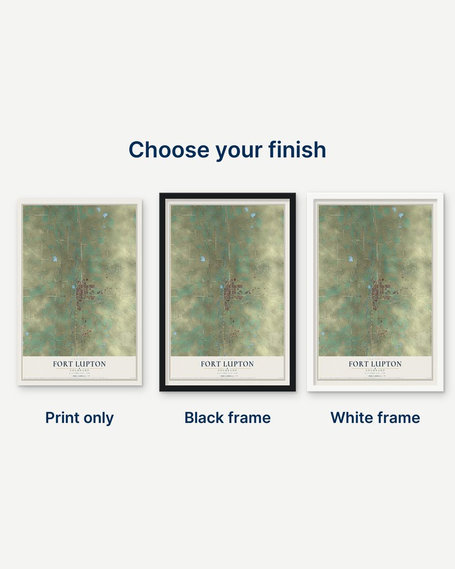 The Fort Lupton, Colorado map as a print only, in a black frame and in a white frame