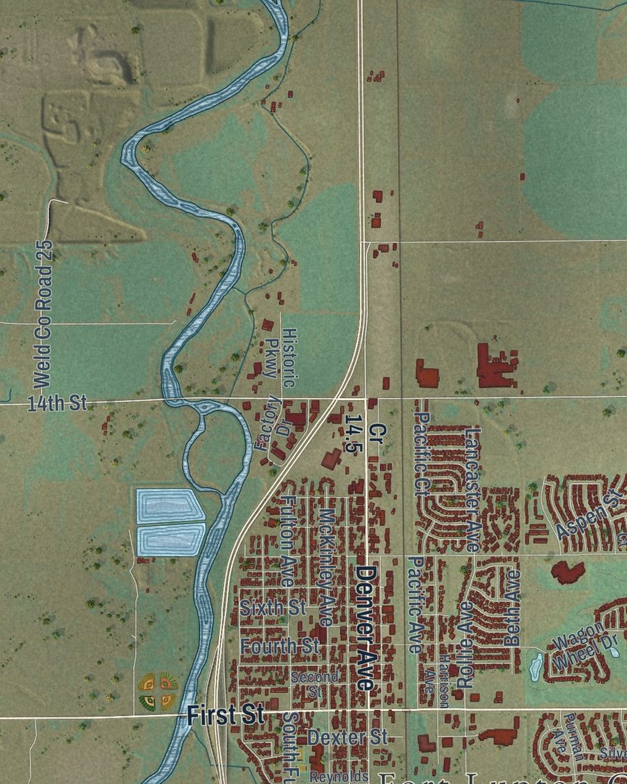 Close-up of Fort Lupton streets on the map