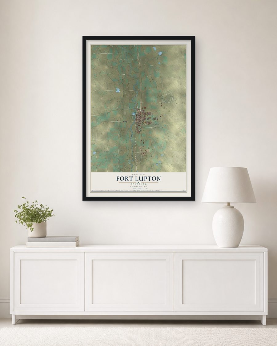 The Fort Lupton, Colorado map, 24 x 36 in, in a black wood frame on a living room wall