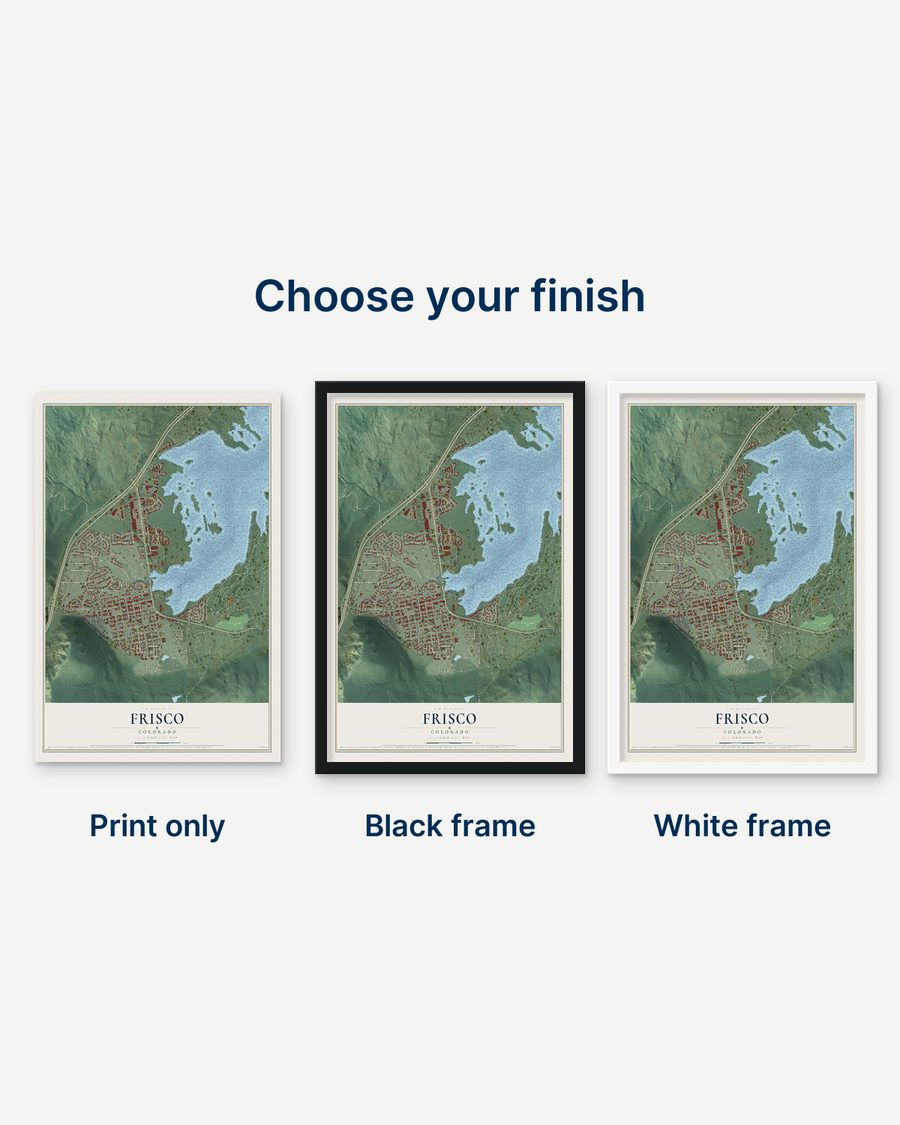 The Frisco, Colorado map as a print only, in a black frame and in a white frame