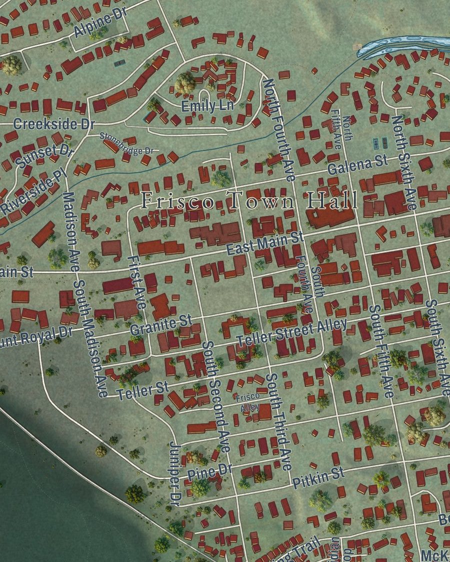 Close-up of Frisco streets on the map