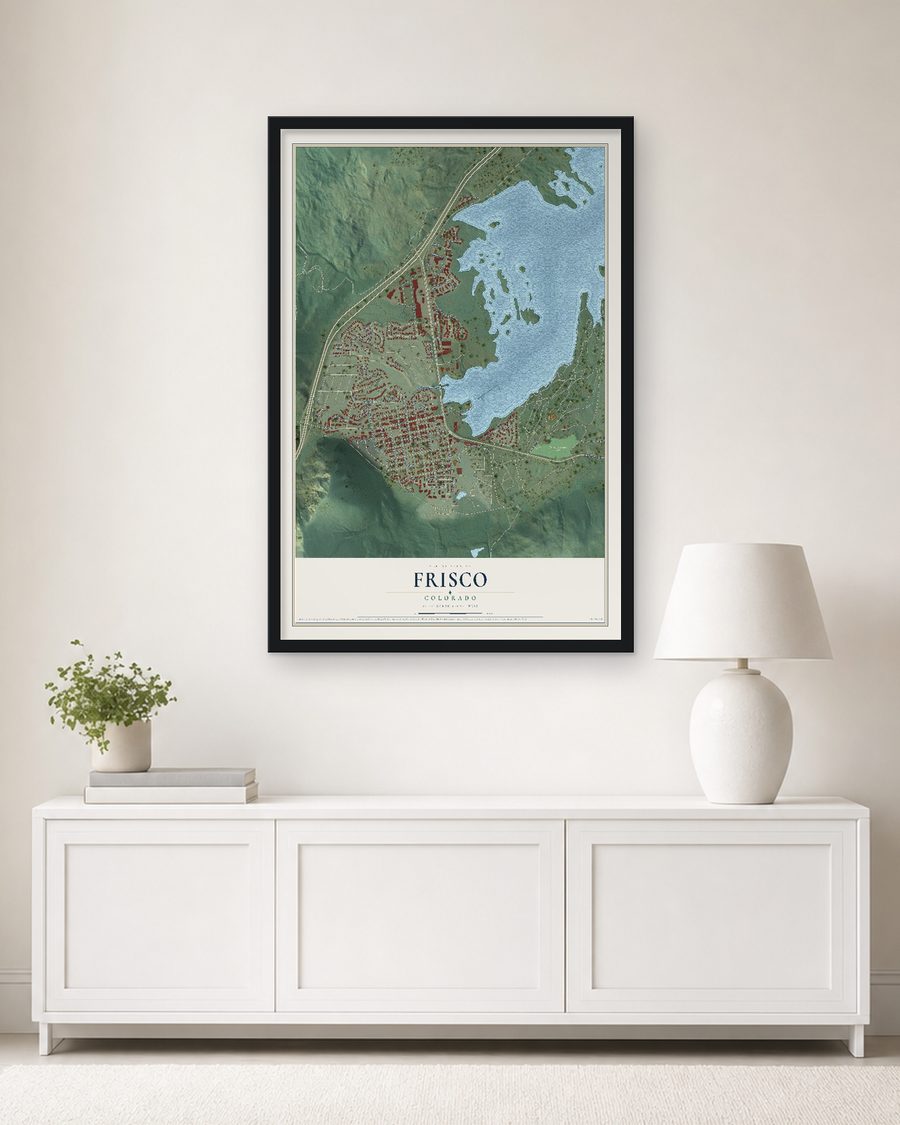 The Frisco, Colorado map, 24 x 36 in, in a black wood frame on a living room wall