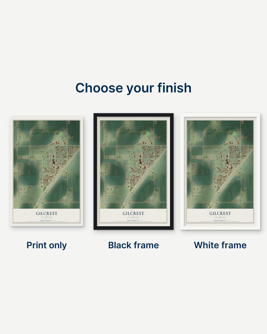 The Gilcrest, Colorado map as a print only, in a black frame and in a white frame