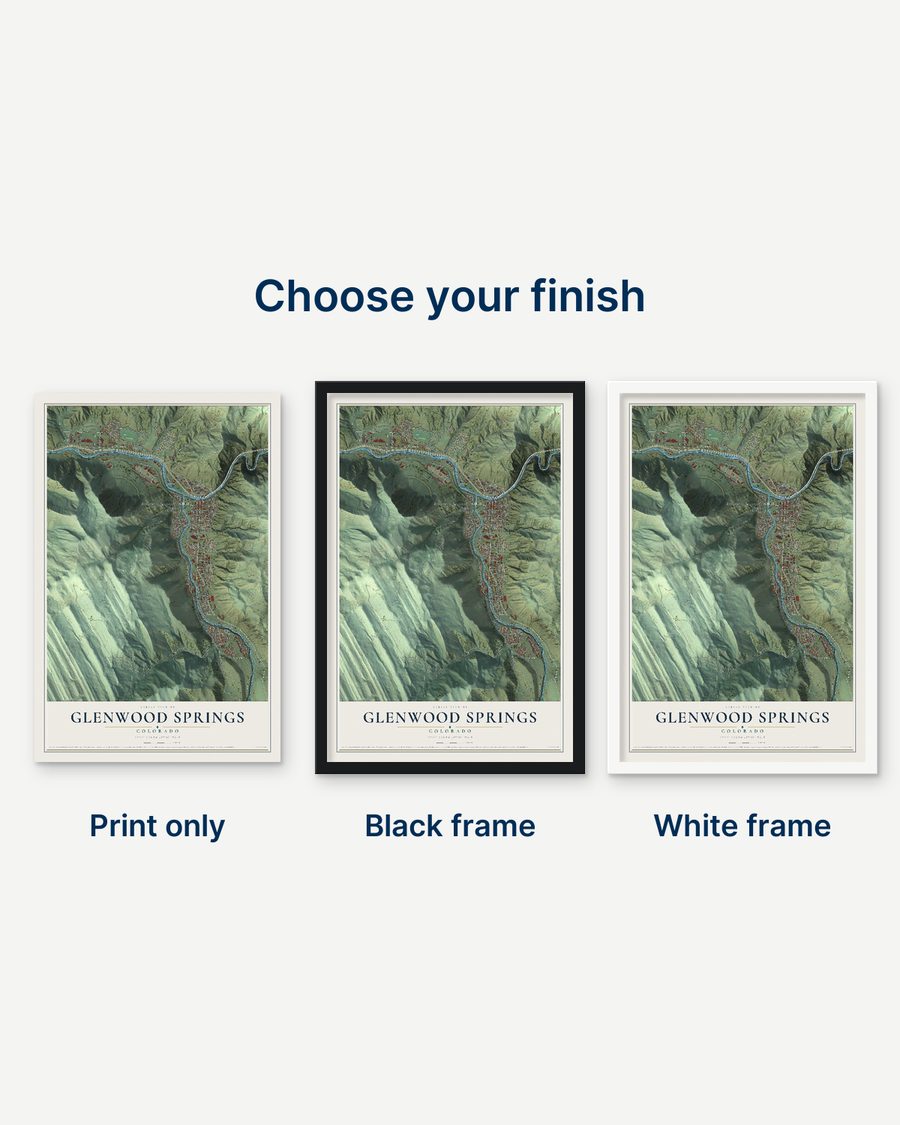 The Glenwood Springs, Colorado map as a print only, in a black frame and in a white frame