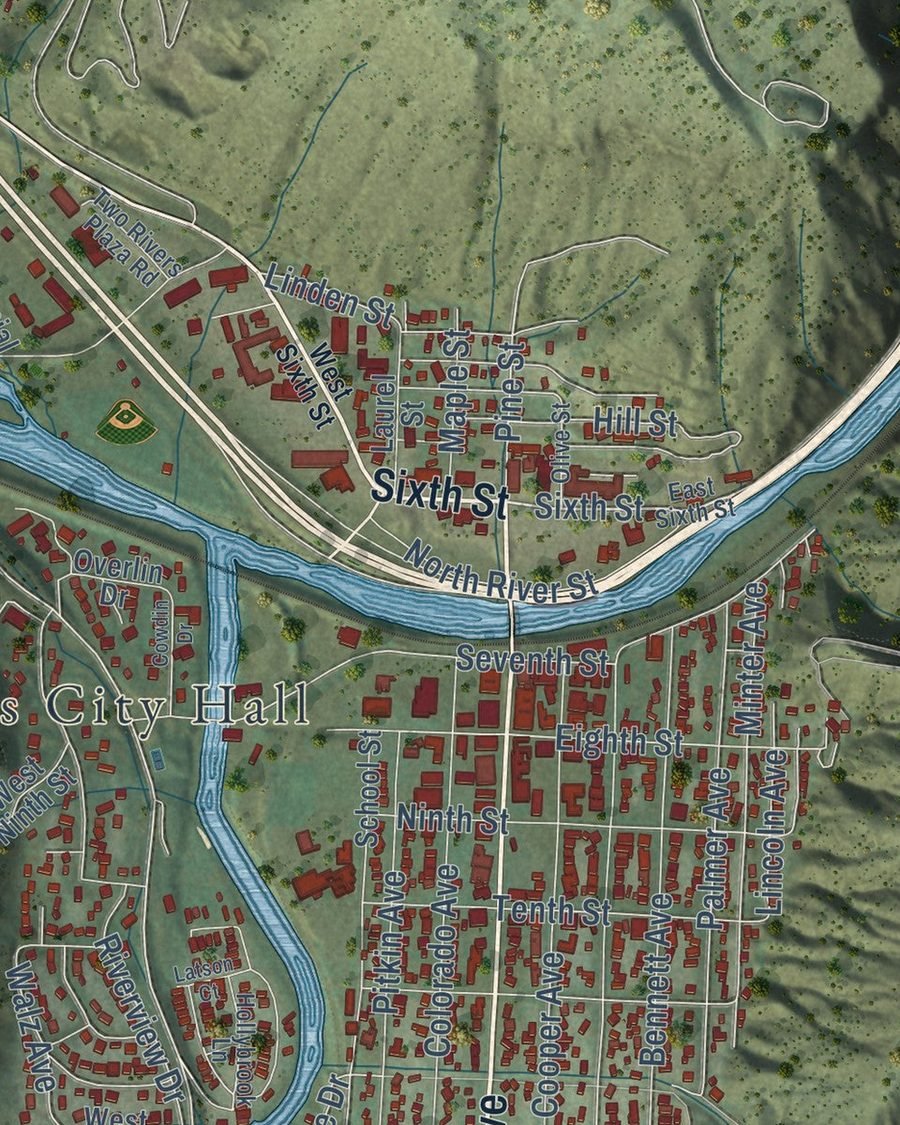 Close-up of Glenwood Springs streets on the map