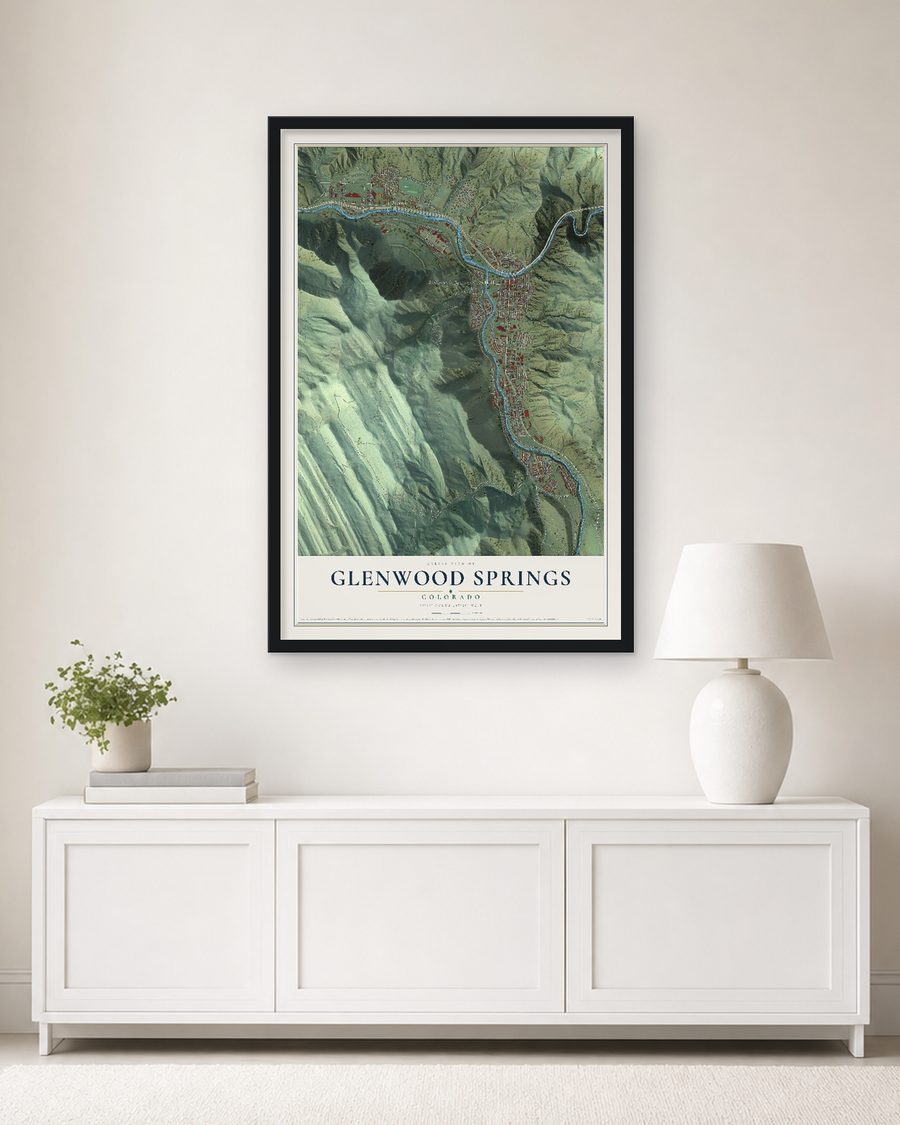 The Glenwood Springs, Colorado map, 24 x 36 in, in a black wood frame on a living room wall