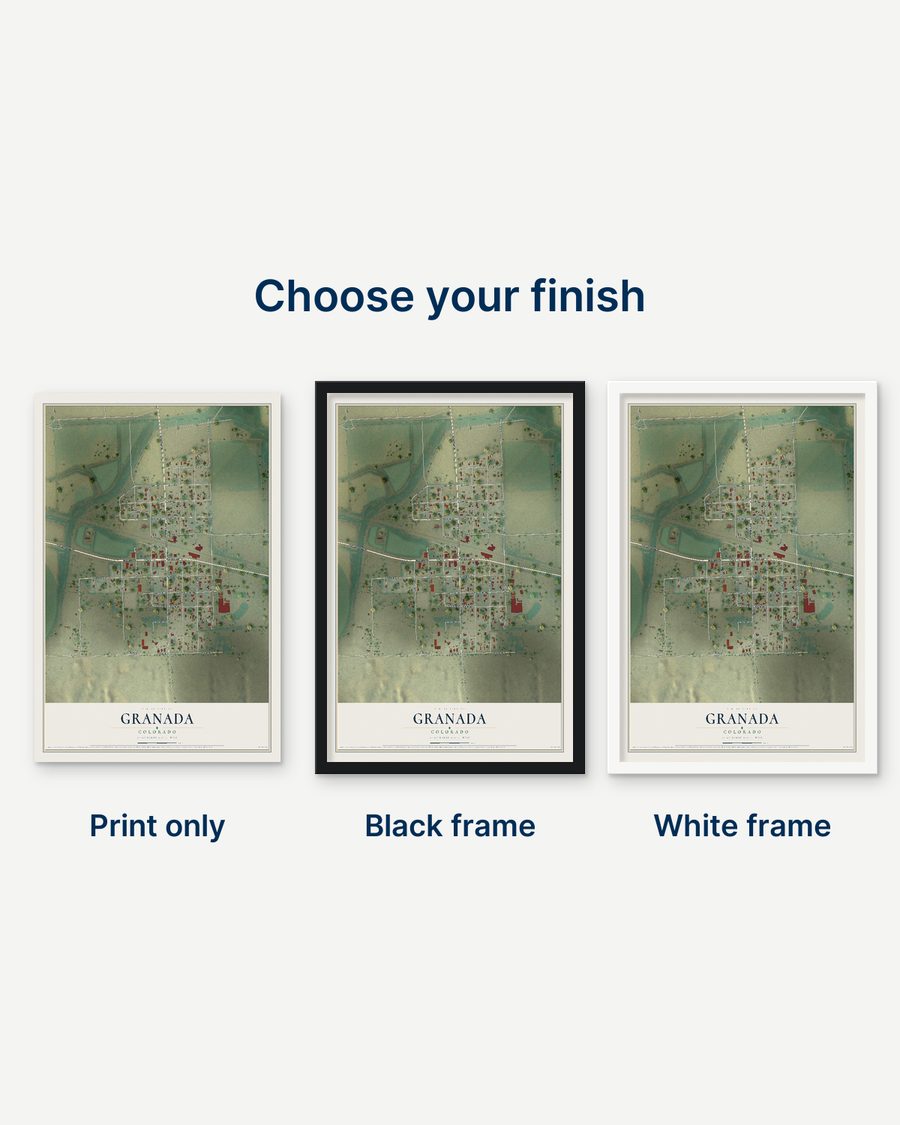 The Granada, Colorado map as a print only, in a black frame and in a white frame