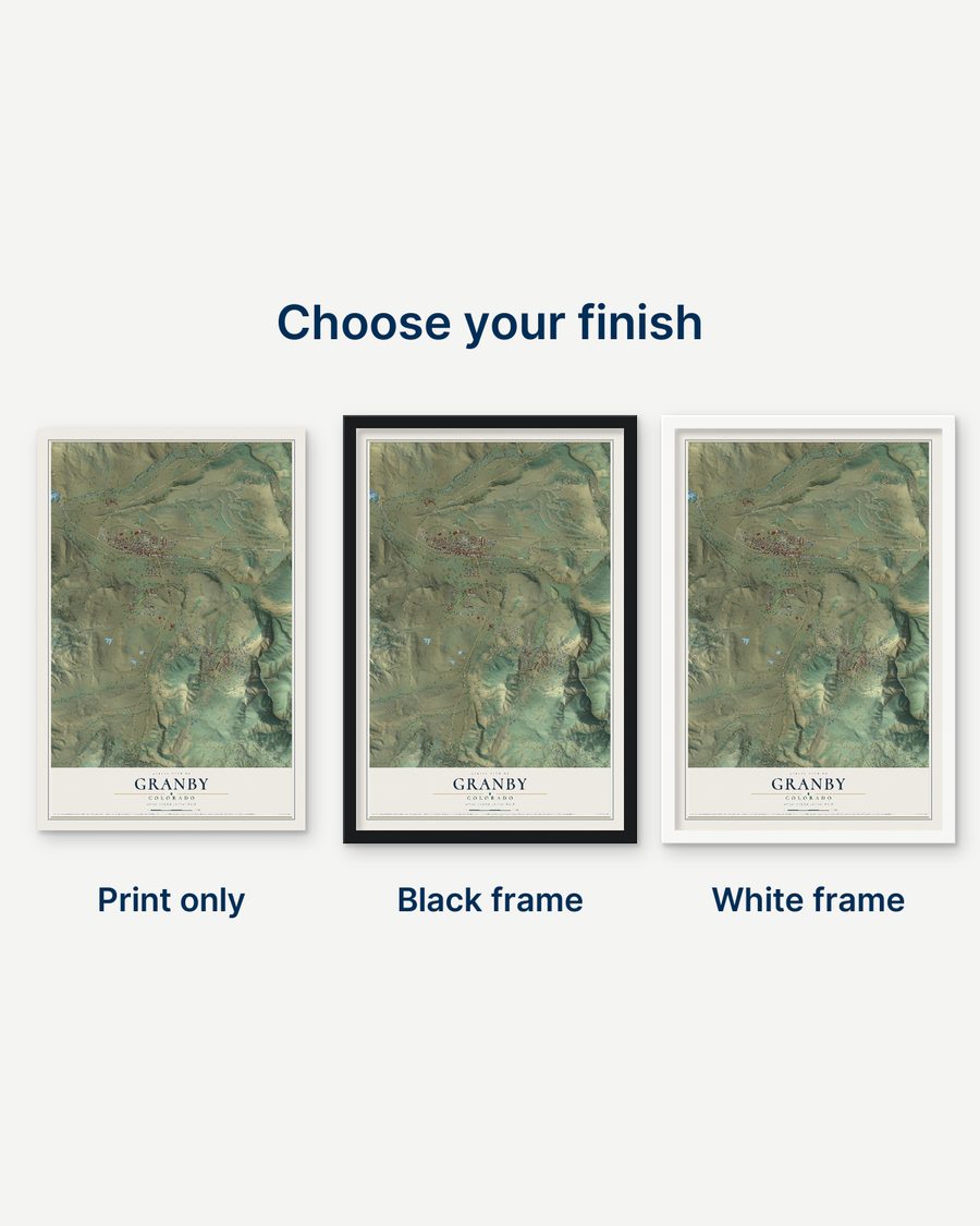 The Granby, Colorado map as a print only, in a black frame and in a white frame