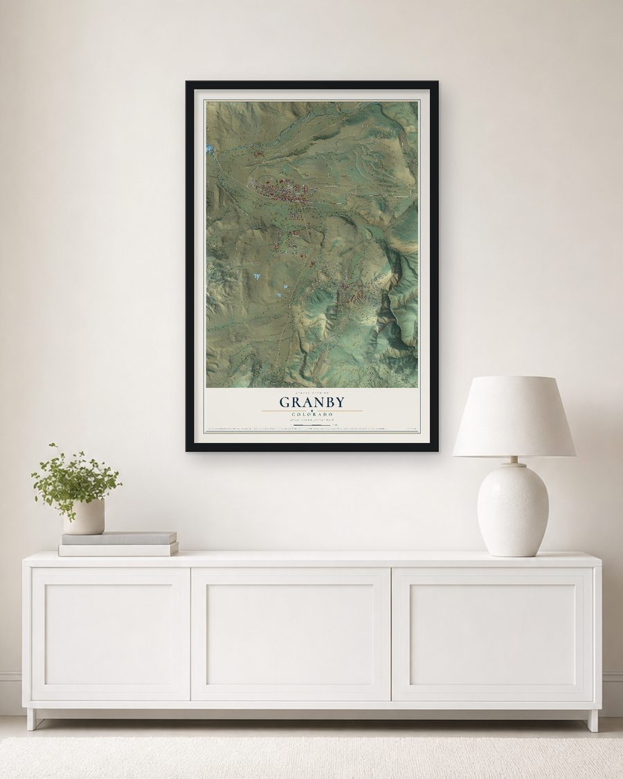The Granby, Colorado map, 24 x 36 in, in a black wood frame on a living room wall