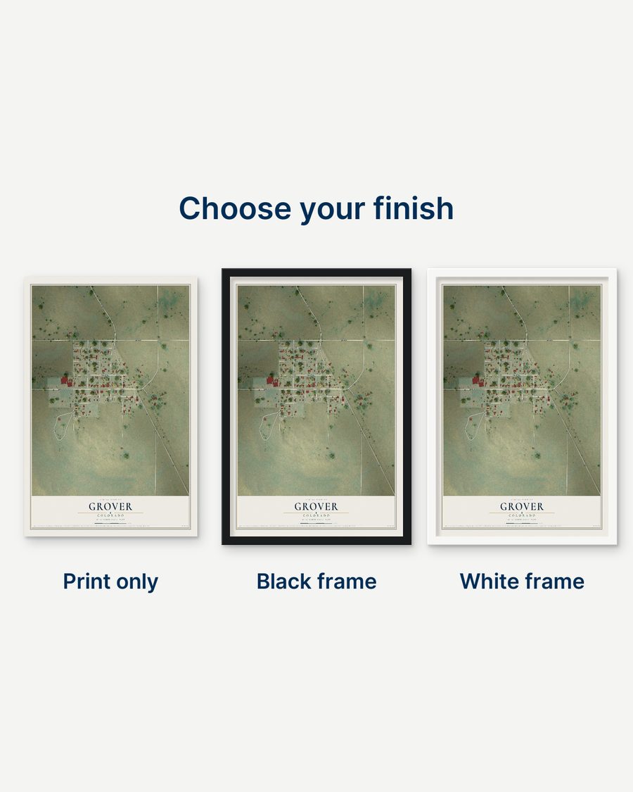 The Grover, Colorado map as a print only, in a black frame and in a white frame