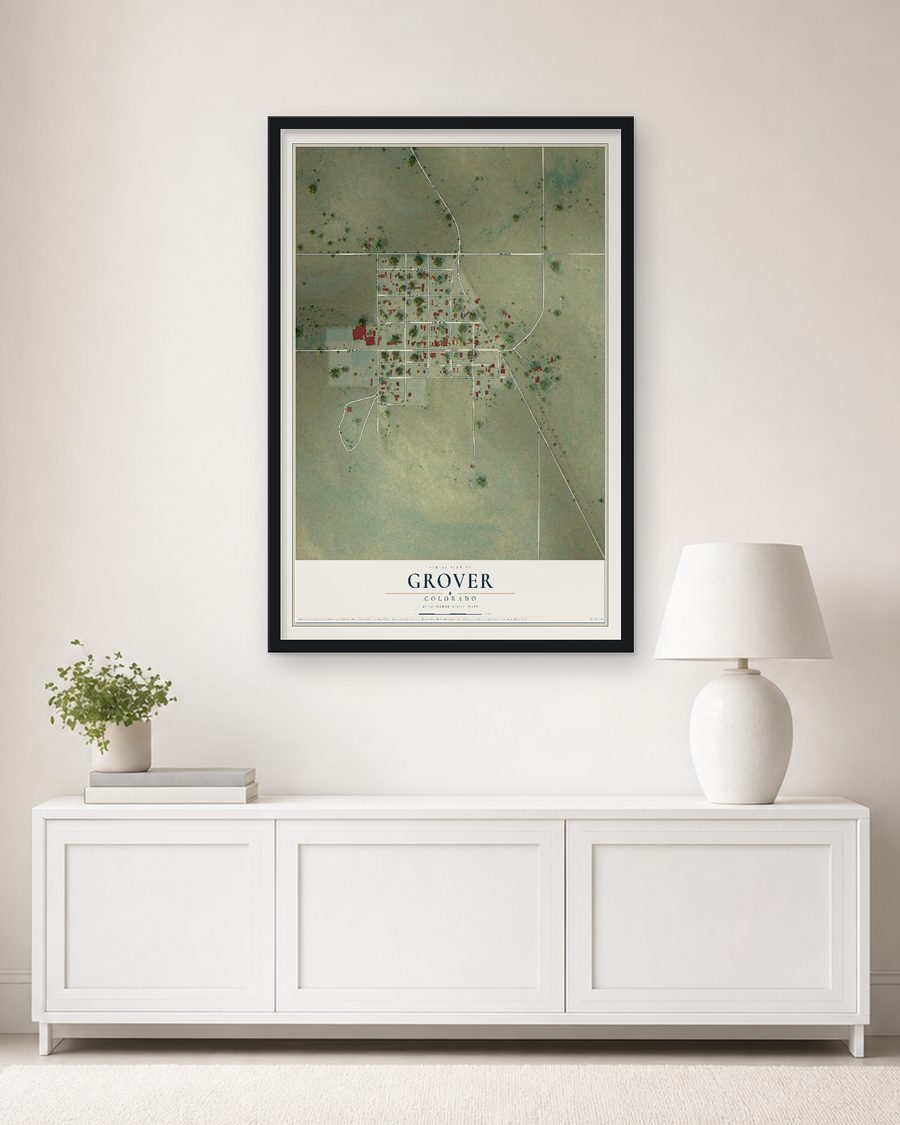 The Grover, Colorado map, 24 x 36 in, in a black wood frame on a living room wall
