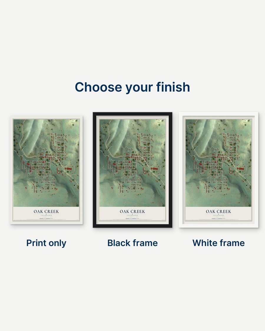 The Oak Creek, Colorado map as a print only, in a black frame and in a white frame