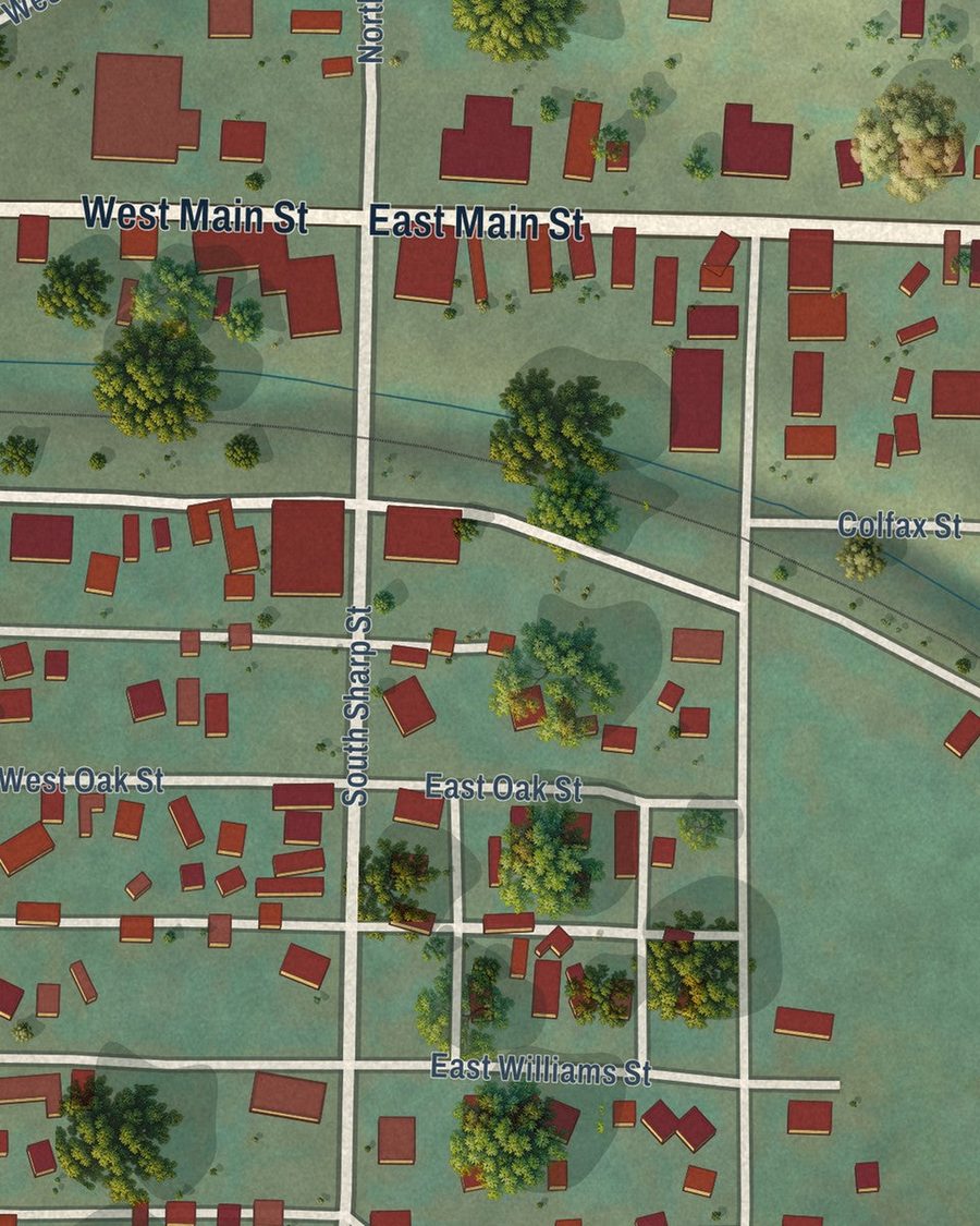 Close-up of Oak Creek streets on the map