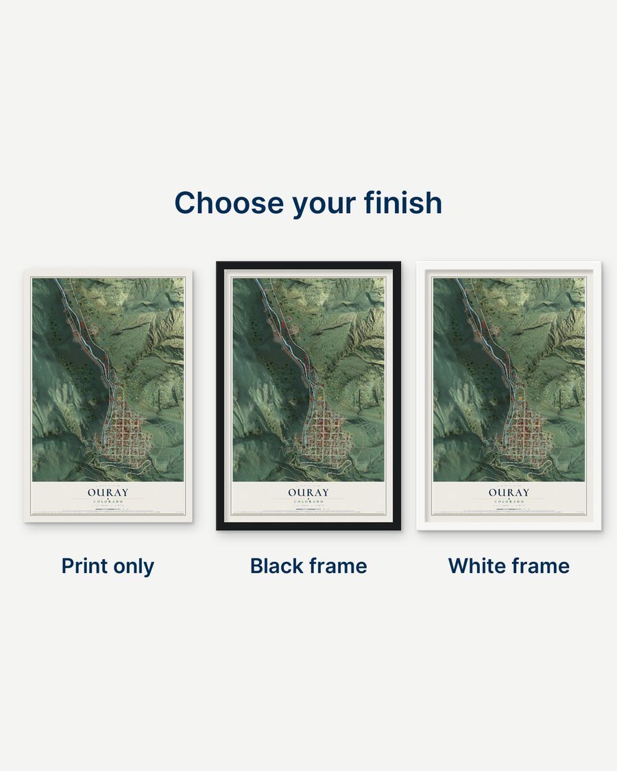 The Ouray, Colorado map as a print only, in a black frame and in a white frame