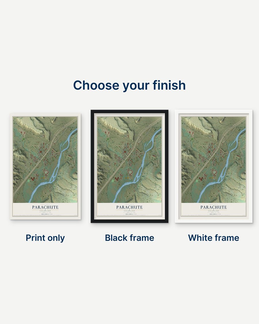 The Parachute, Colorado map as a print only, in a black frame and in a white frame