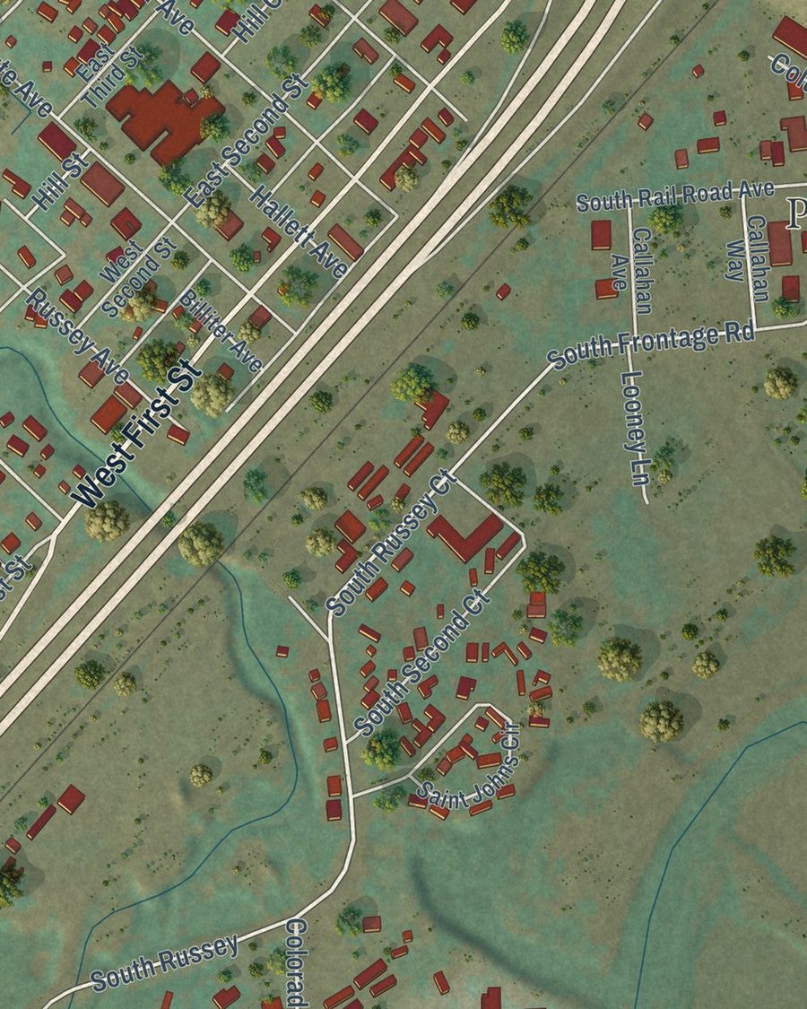 Close-up of Parachute streets on the map