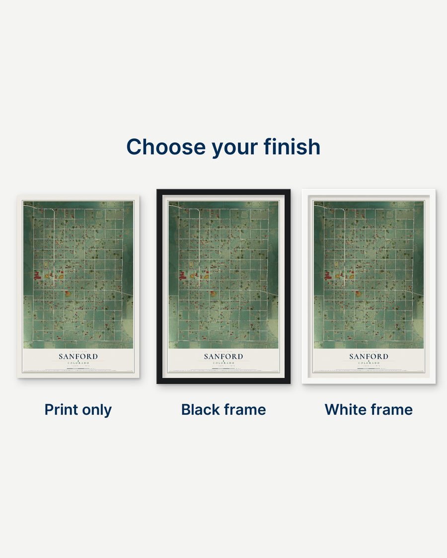 The Sanford, Colorado map as a print only, in a black frame and in a white frame