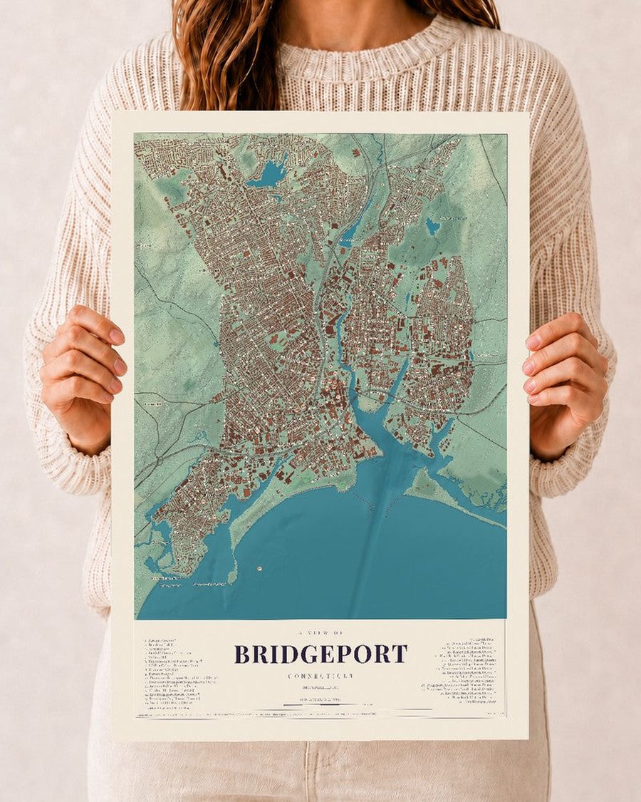 Bridgeport, Connecticut map print, 12 x 18 in, print only