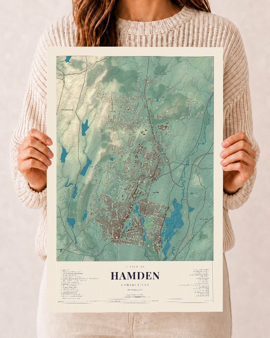 Hamden, Connecticut map print, 12 x 18 in, print only
