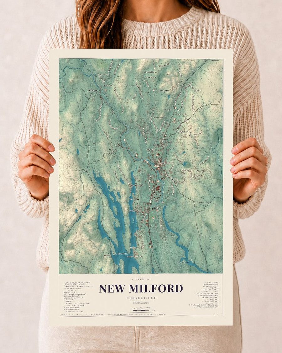 New Milford, Connecticut map print, 12 x 18 in, print only