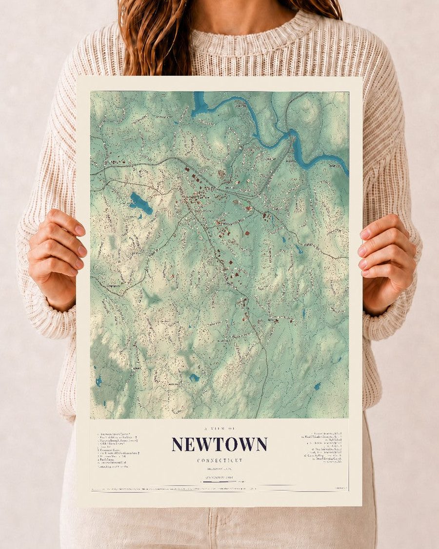 Newtown, Connecticut map print, 12 x 18 in, print only