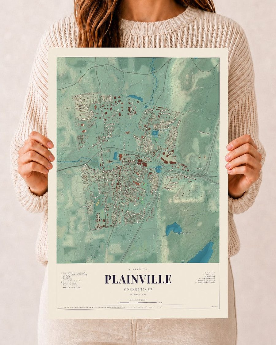 Plainville, Connecticut map print, 12 x 18 in, print only