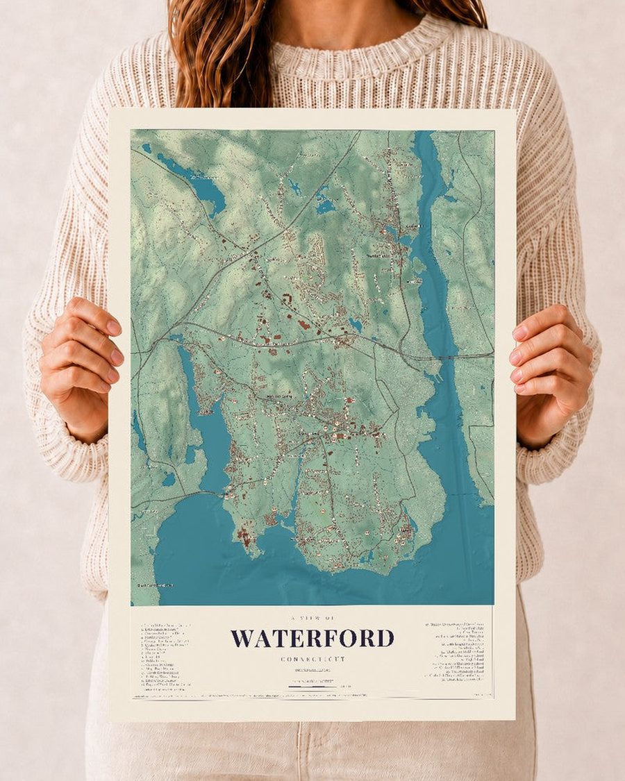 Waterford, Connecticut map print, 12 x 18 in, print only
