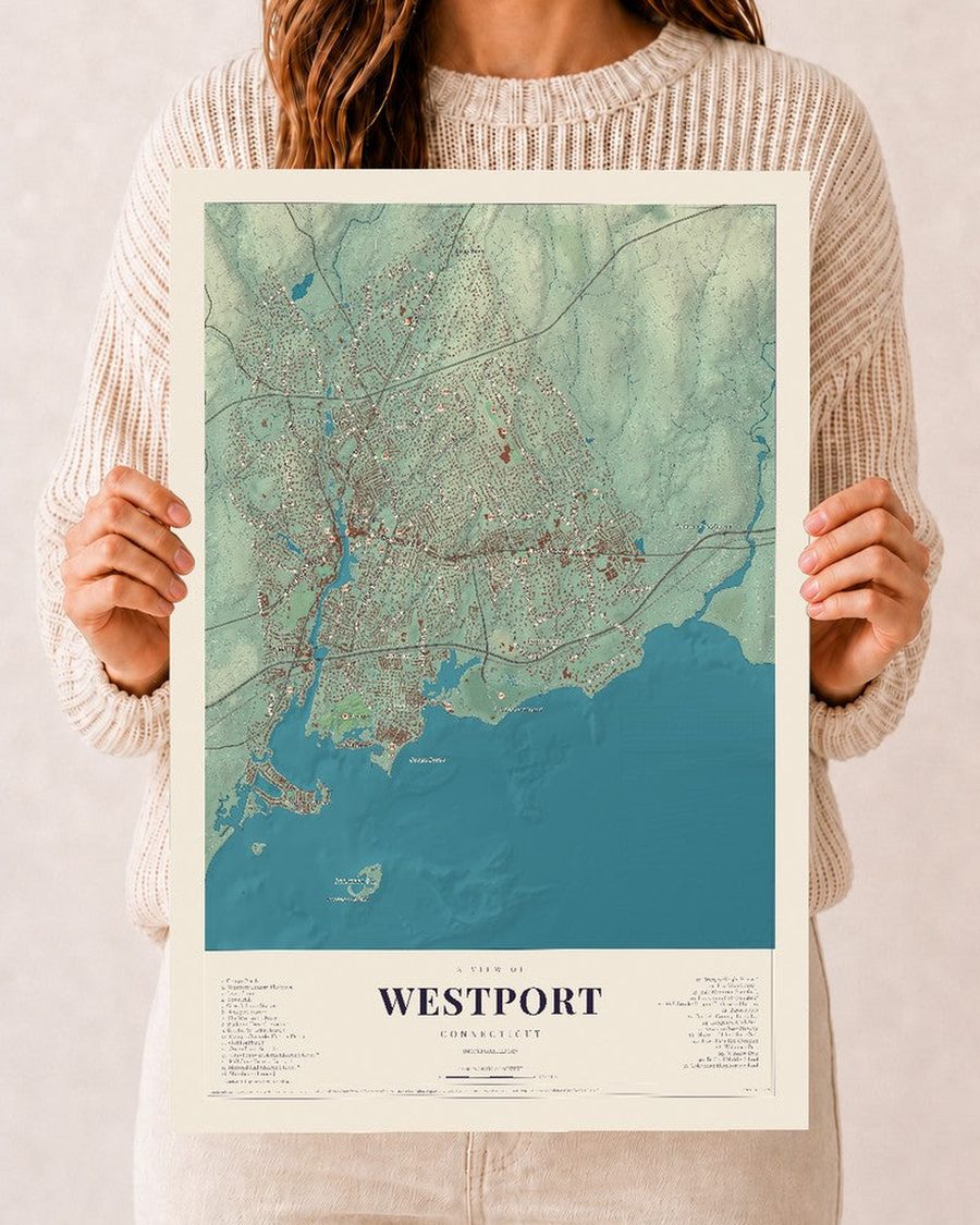 Westport, Connecticut map print, 12 x 18 in, print only