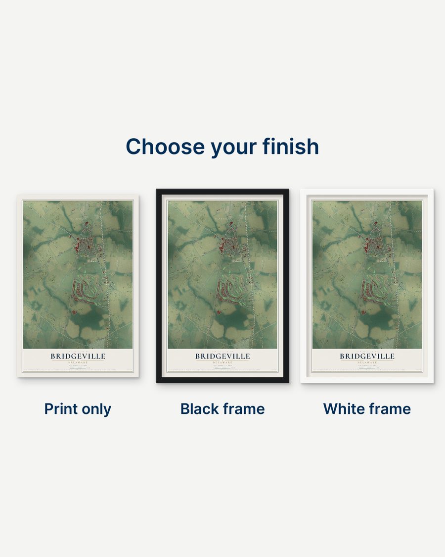 The Bridgeville, Delaware map as a print only, in a black frame and in a white frame