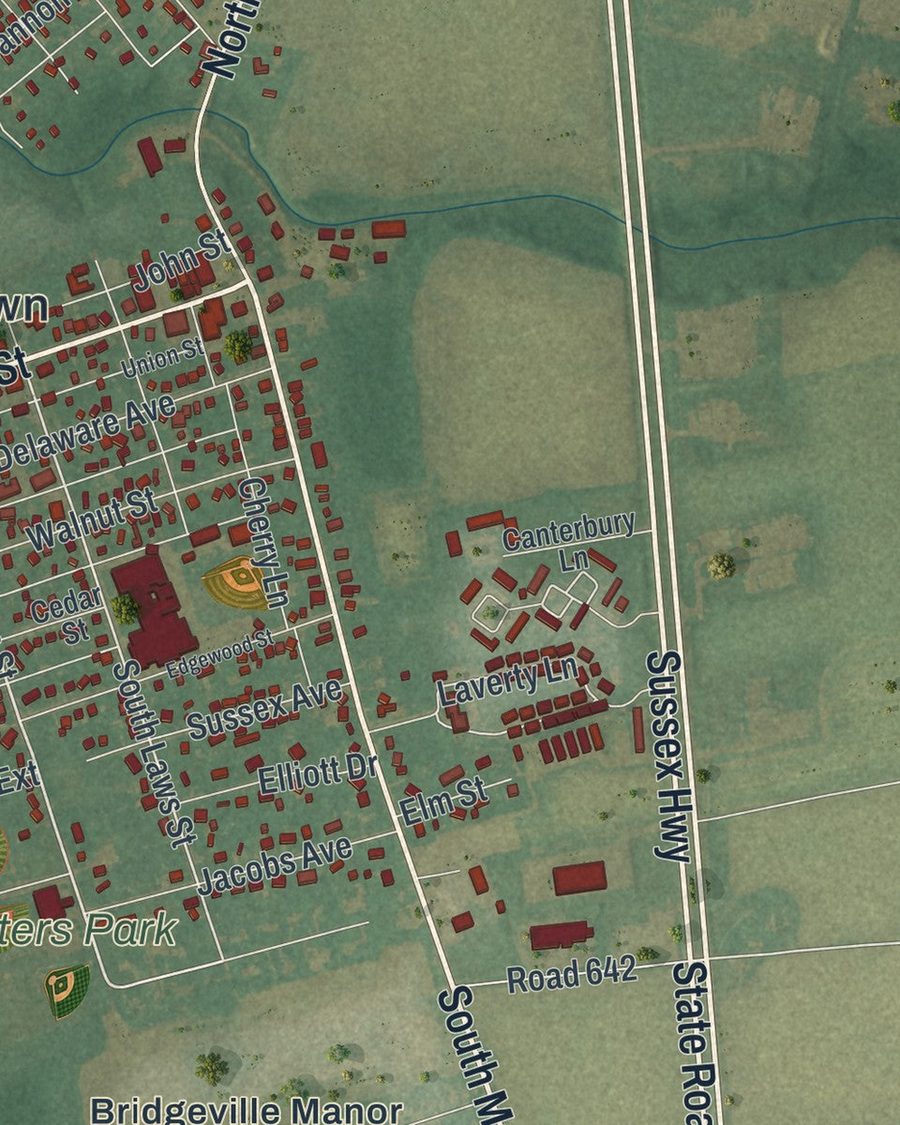 Close-up of Bridgeville streets on the map
