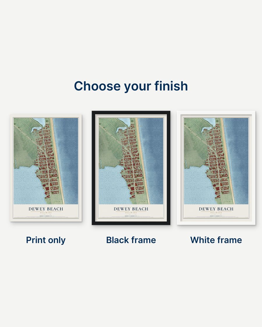The Dewey Beach, Delaware map as a print only, in a black frame and in a white frame