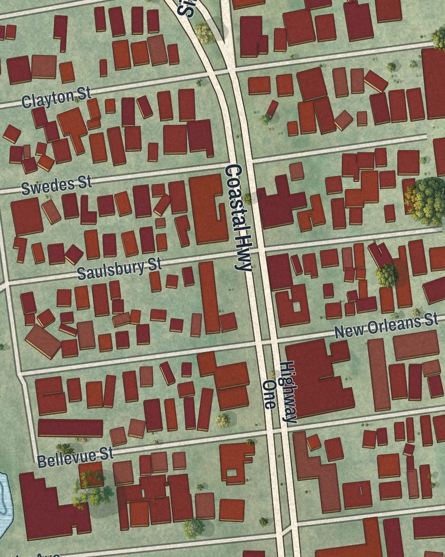 Close-up of Dewey Beach streets on the map