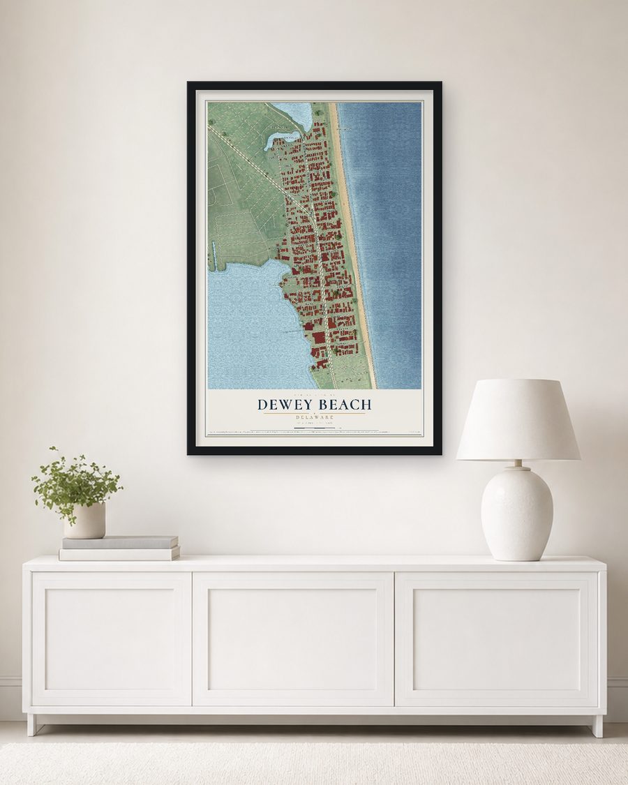 The Dewey Beach, Delaware map, 24 x 36 in, in a black wood frame on a living room wall