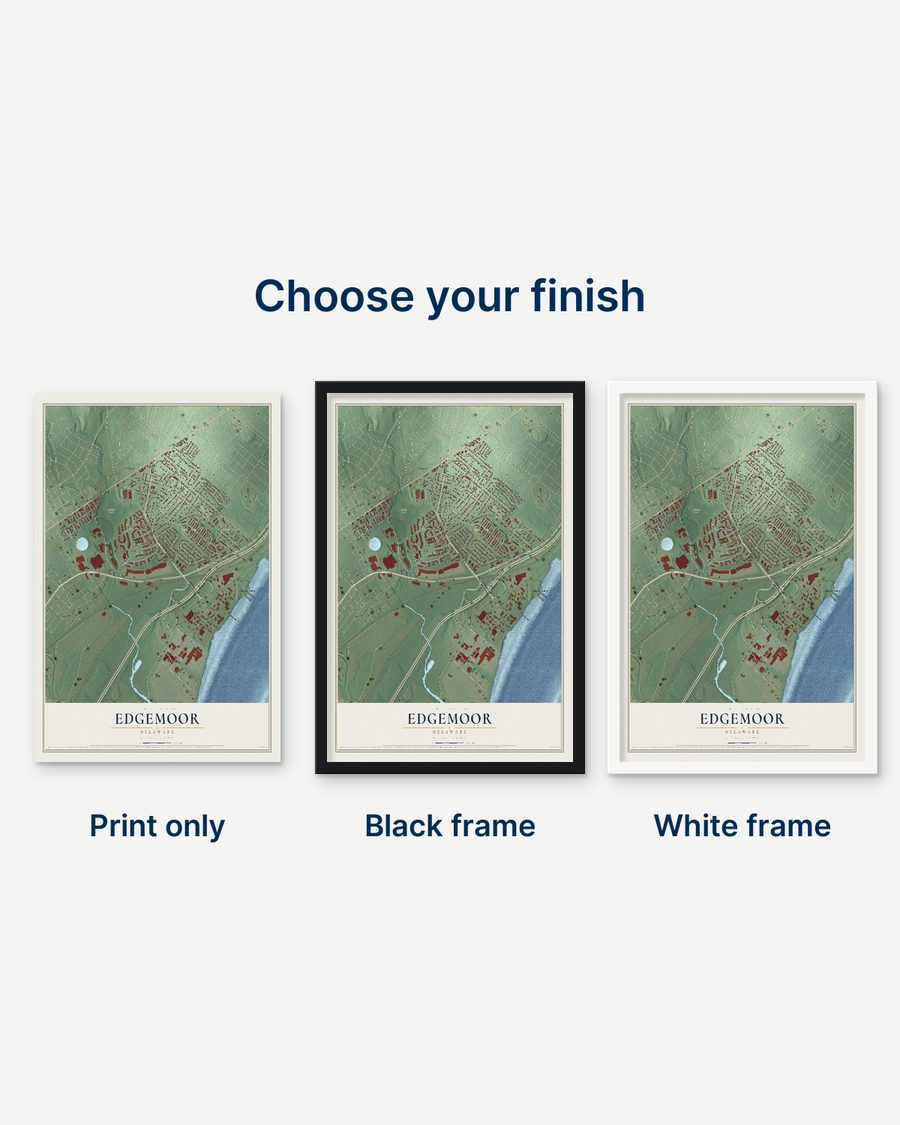 The Edgemoor, Delaware map as a print only, in a black frame and in a white frame